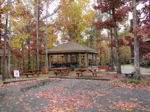 A gazebo surrounded by trees in the fall, perfect for booking a relaxing retreat or a car-ride to explore nearby wineries on a tour.