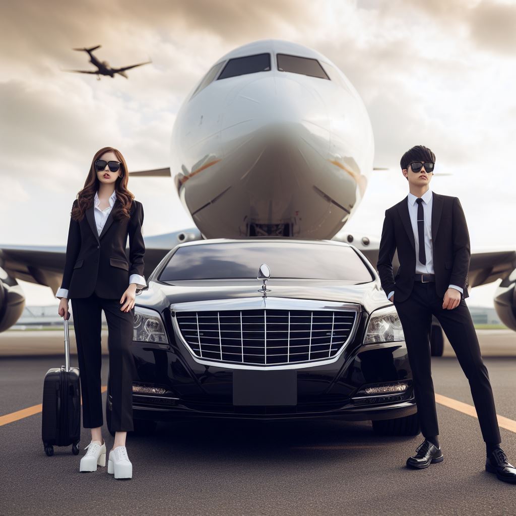 A man and a woman standing next to a car and an airplane.