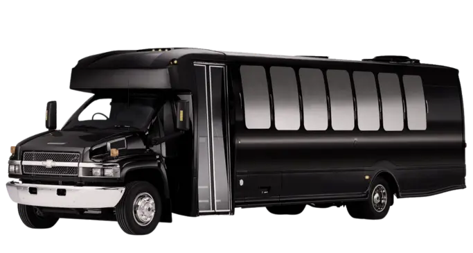 A black limo bus on a white background.