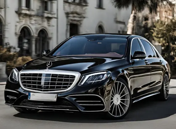 The black Mercedes S-Class is driving down the street, offering a luxurious transportation service.