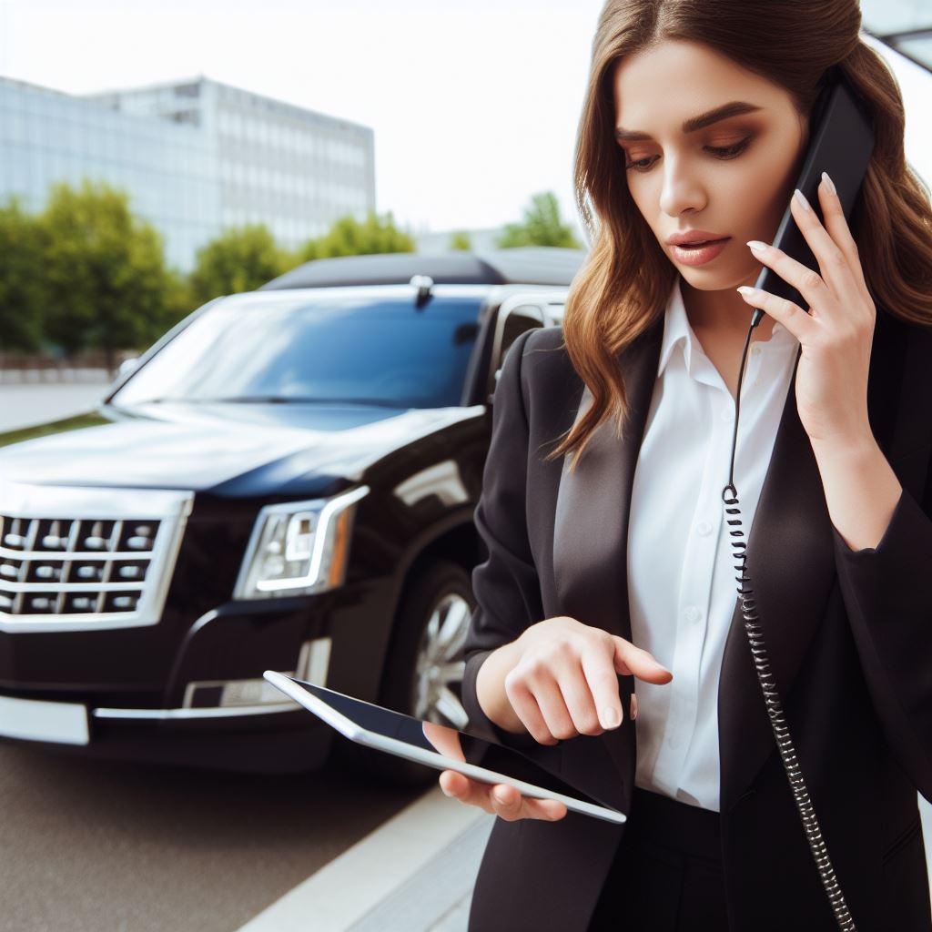 A woman in a suit talking on the phone and holding a tablet.