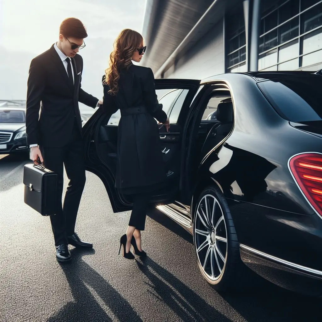 A man and woman getting out of a black mercedes - benz s-class.