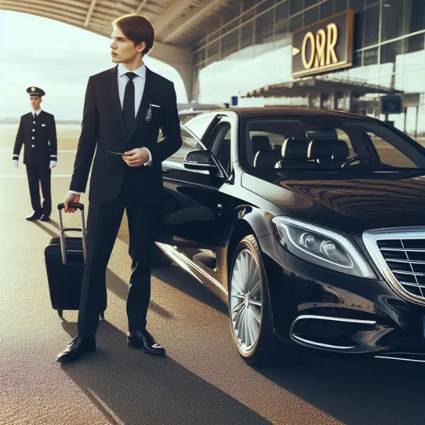 A man in a suit is standing next to a black mercedes - benz s-class.