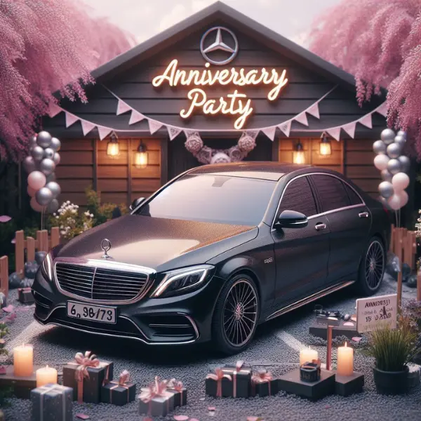 A black mercedes s-class parked in front of a house.