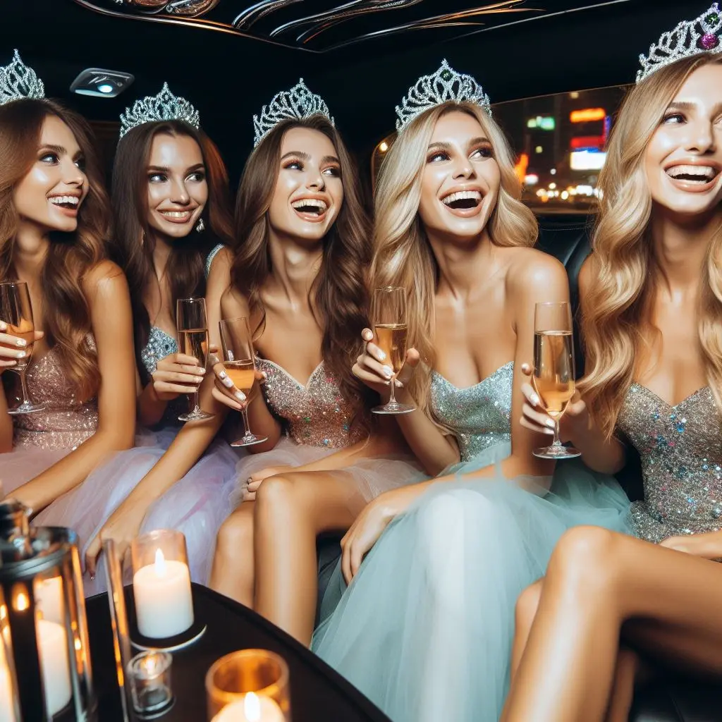 A group of young women in tiaras sitting in a limousine.