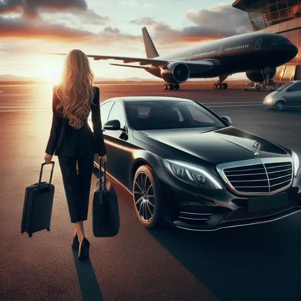 A woman with luggage is standing next to a black mercedes - benz s - class car.
