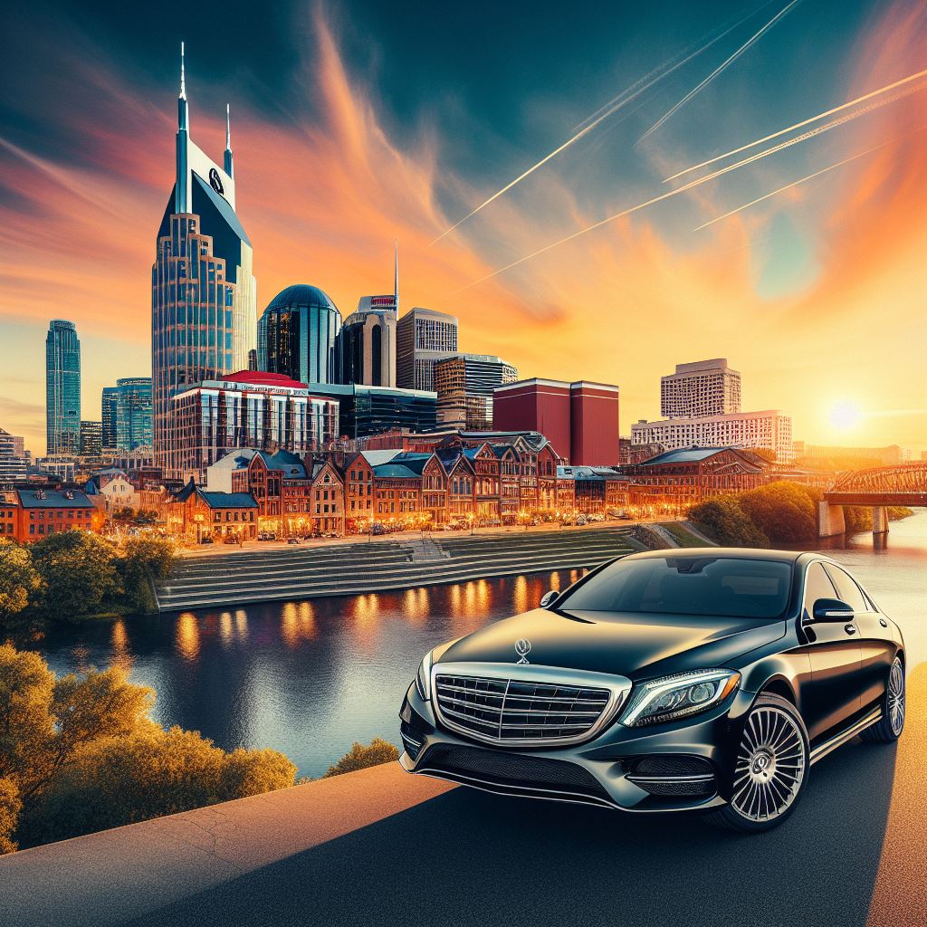 A black mercedes - benz s-class parked in front of a city skyline.