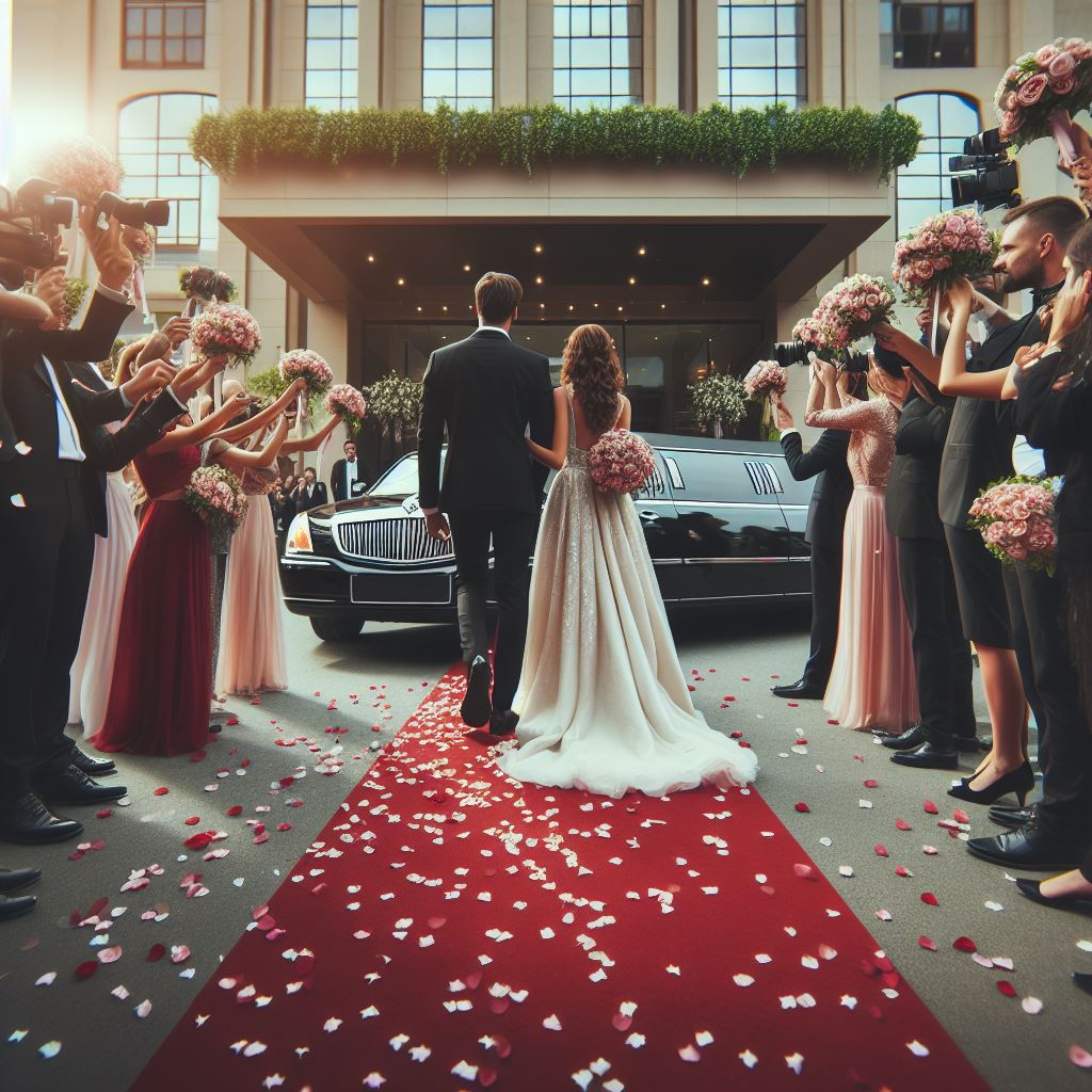 A bride and groom walking down the red carpet in front of a limousine.