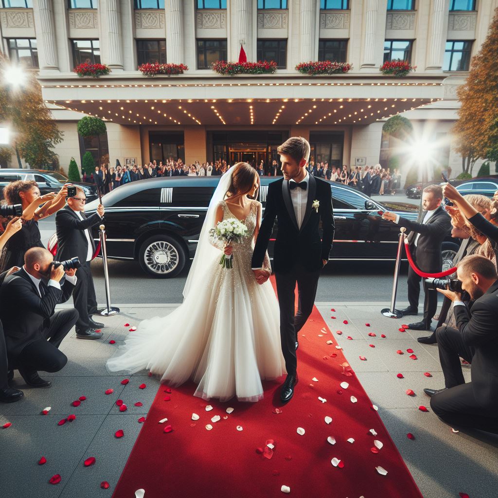 A bride and groom walking down the red carpet at a wedding reception.