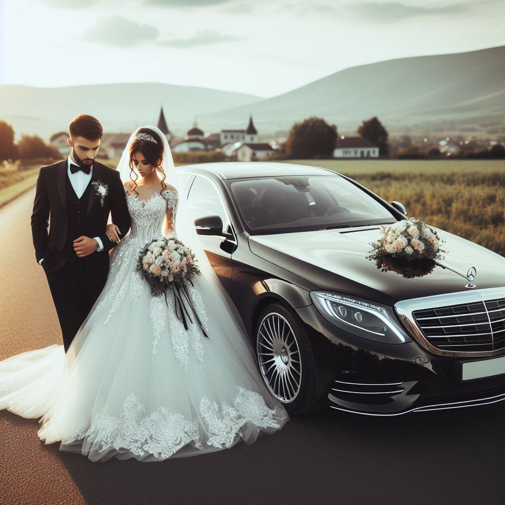 A bride and groom standing next to a mercedes - benz s - class car.