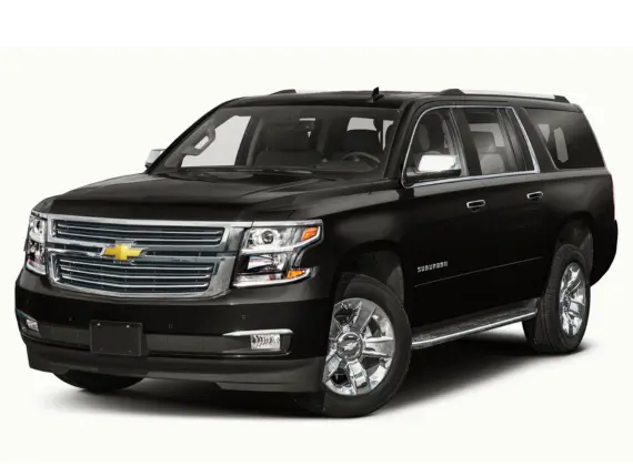 A black chevrolet suburban suv on a white background.