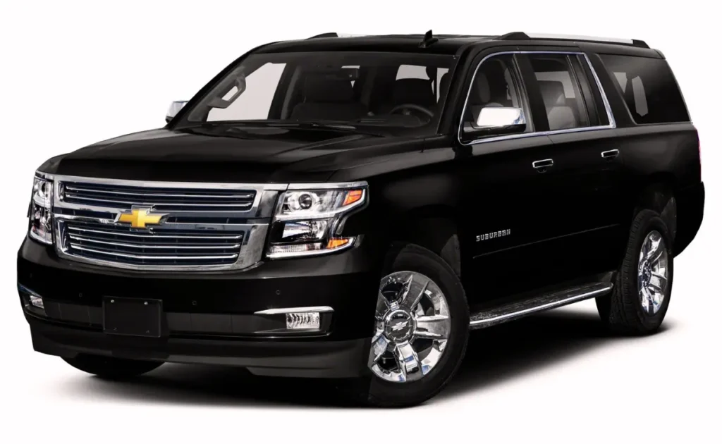 A black chevrolet suburban parked on a white background.