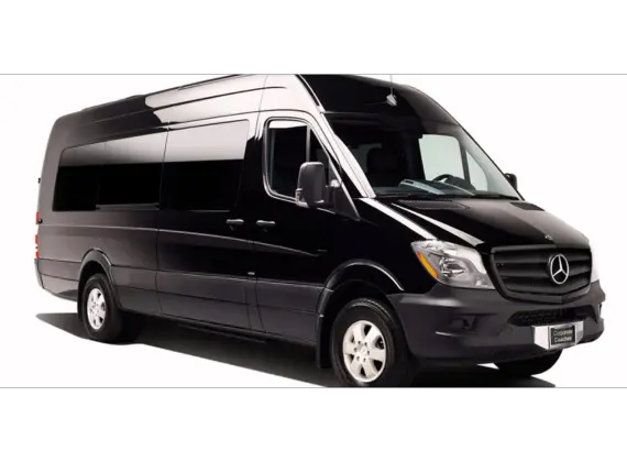 A black mercedes benz sprinter van on a white background.