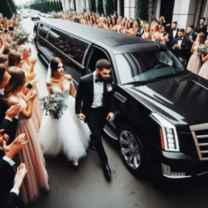 A bride in a white gown and groom in formal wear are standing beside a black limousine