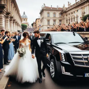 A girl in a white dress and a man in a black outfit are moving towards a black limousine