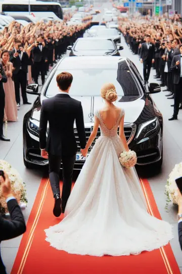 Groom and bride are enjoying wedding chauffeur service in Nashville, TN