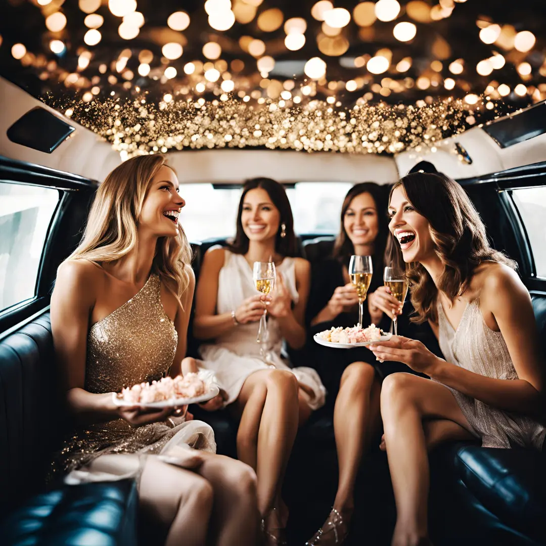 A group of girls enjoying in a birthday party limousine bus