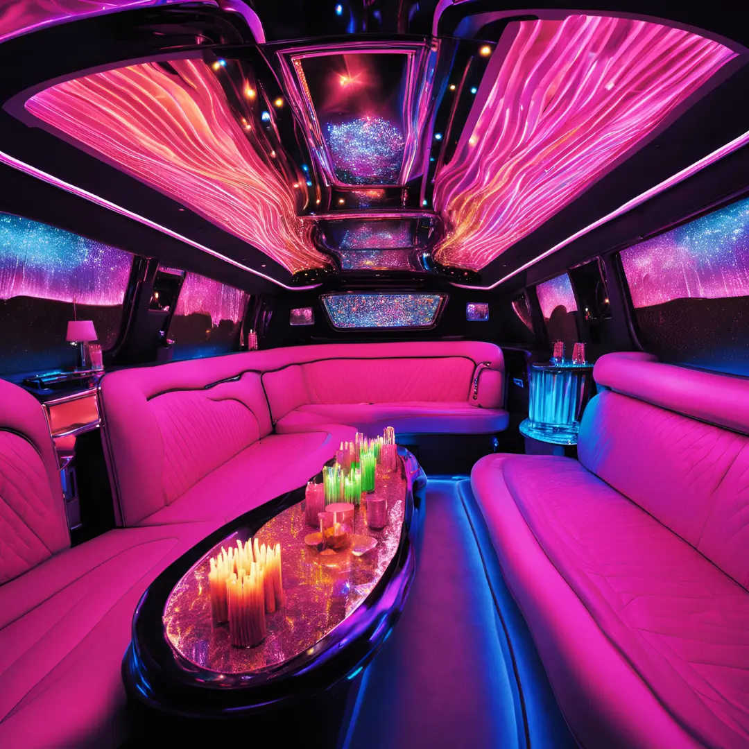 Pink interior of our party coach