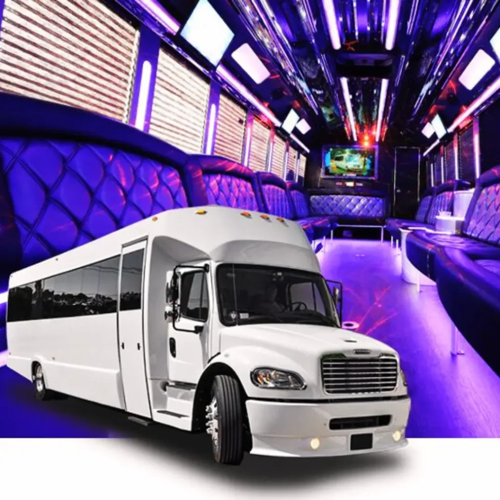 White colored party bus limousine with purple interior