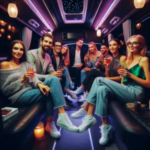 A group of teenagers are enjoying in a party bus with beverages