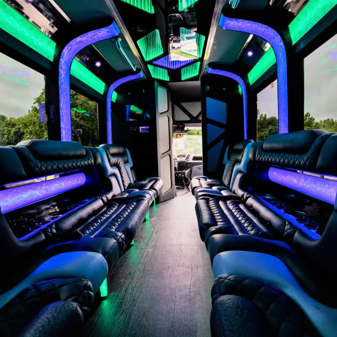 Green and purple interior of a party bus