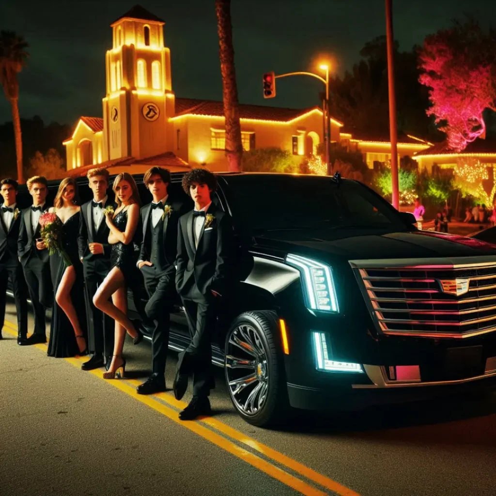 A group of friends in black dress standing beside a limousine