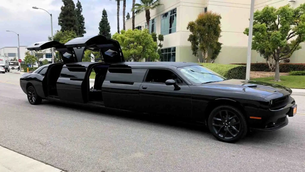 Black full stretched dodge challenger limousine with jet doors