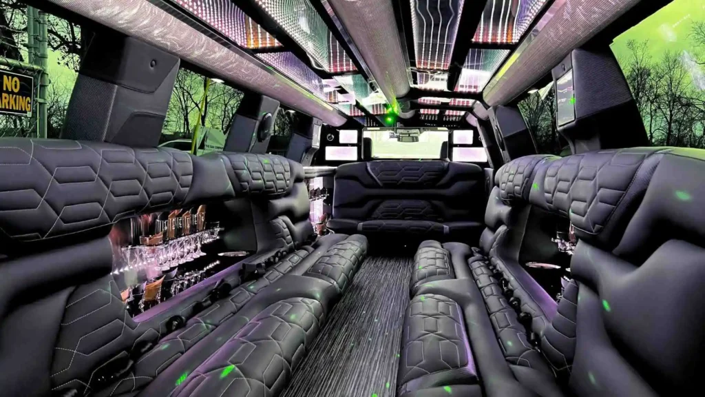 Black and green interior of a stretch limousine