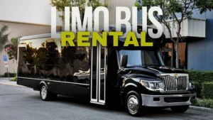 A black limo bus is ready to be rented in the USA