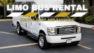 A white limo bus parked in a parking lot