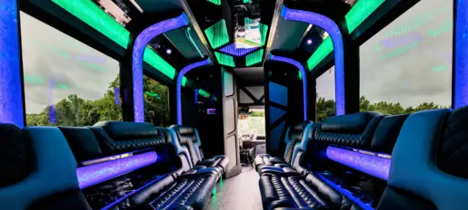 Black and purple interior of a party bus