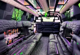 Green, black, purple interior of a party bus