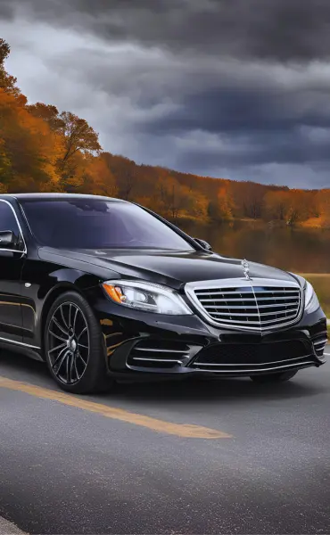 A moving black Mercedes S class on the roads of Nashville