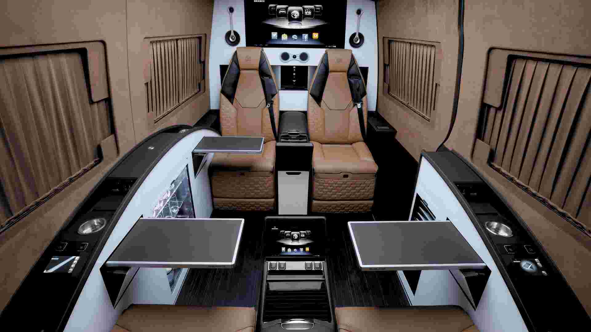 Brown colored corporate interior of an executive van